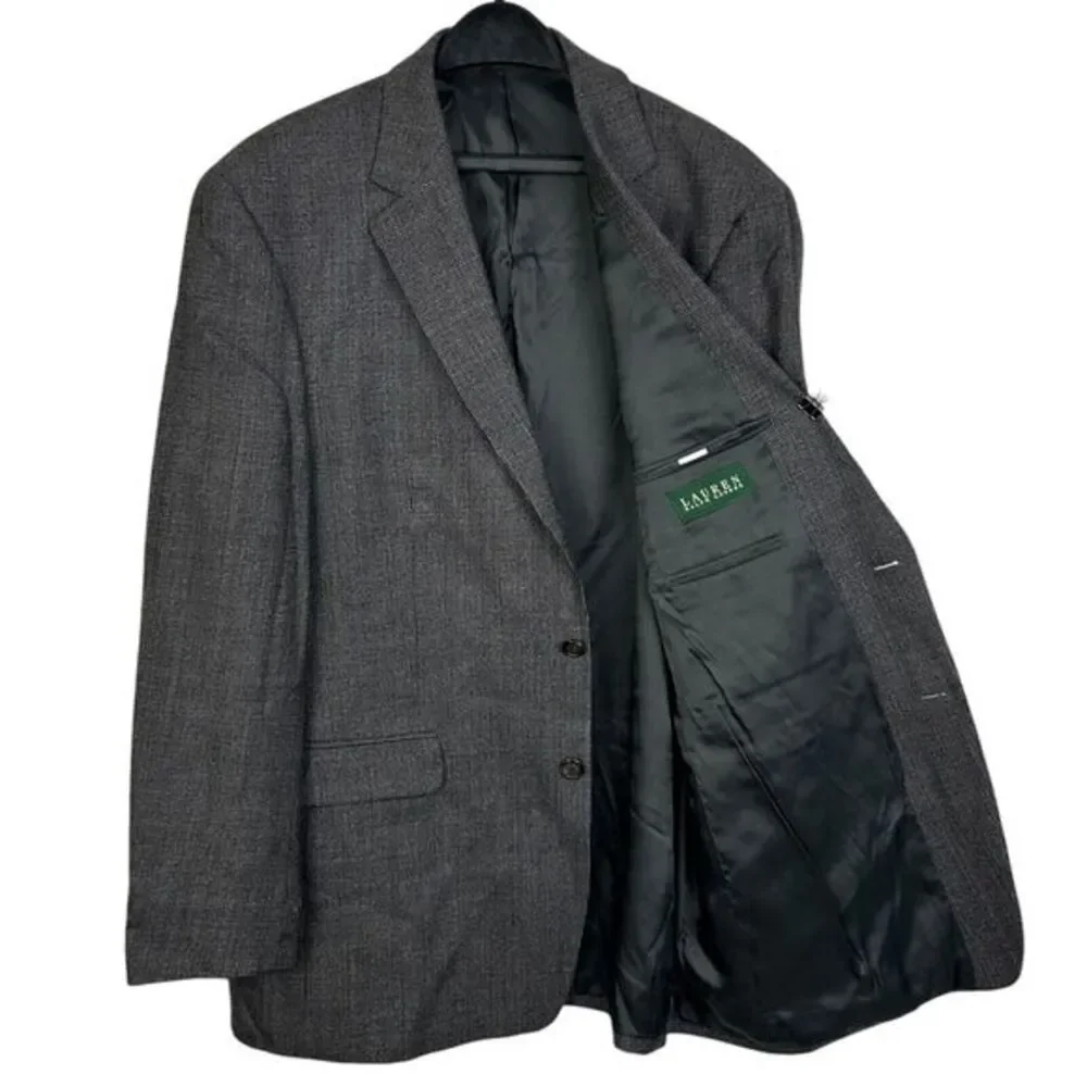 Ralph Lauren 44L Long‎ 100% Lambswool Gray Houndstooth Sport Coat Blazer Jacket